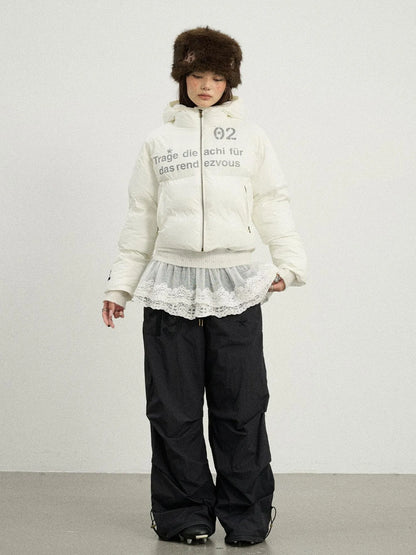Puffy Quilted Winter Coat With German Print