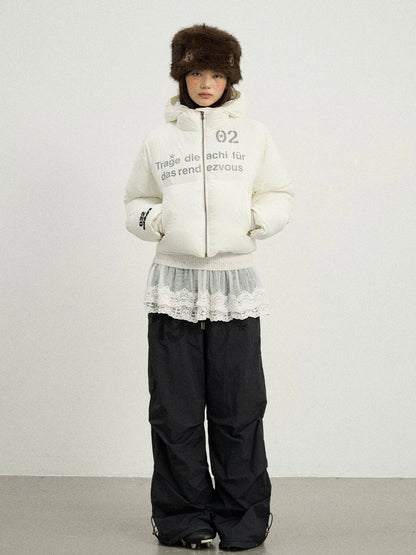 Puffy Quilted Winter Coat With German Print