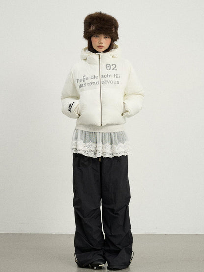 Achihara Puffy Quilted Winter Coat With German Print