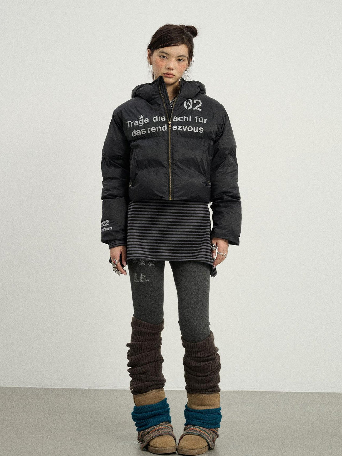 Achihara Puffy Quilted Winter Coat With German Print