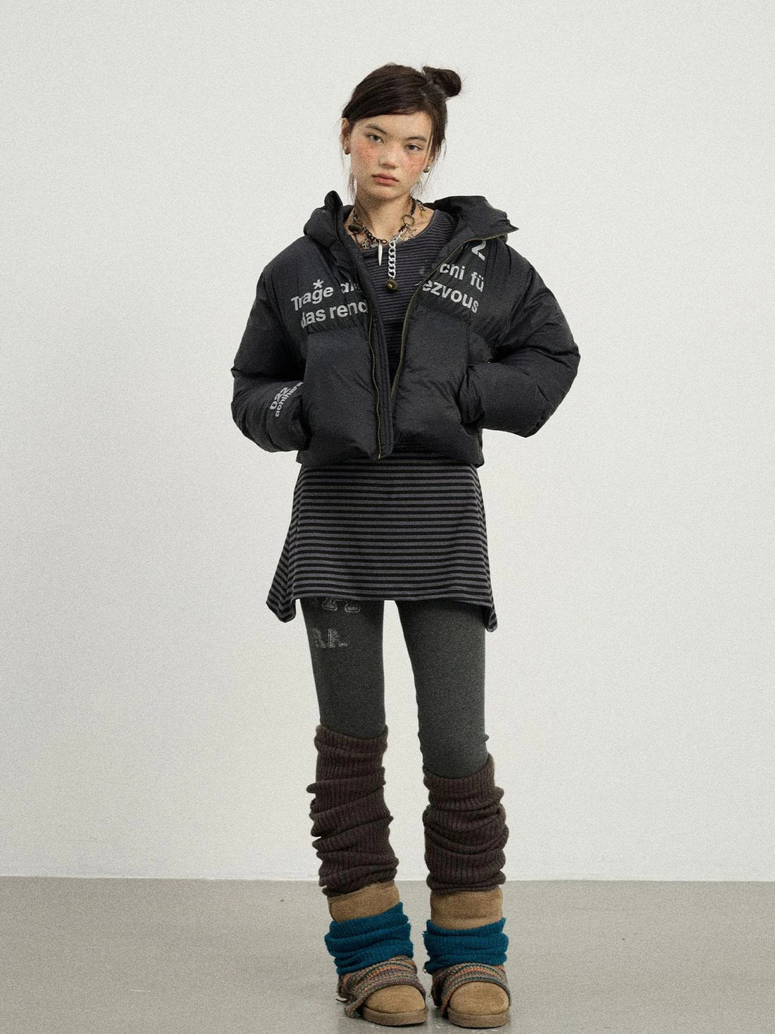 Puffy Quilted Winter Coat With German Print