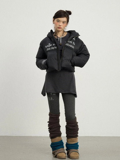 Puffy Quilted Winter Coat With German Print