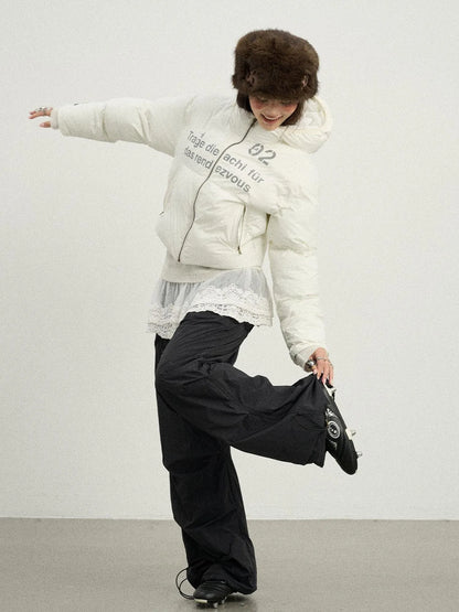 Puffy Quilted Winter Coat With German Print