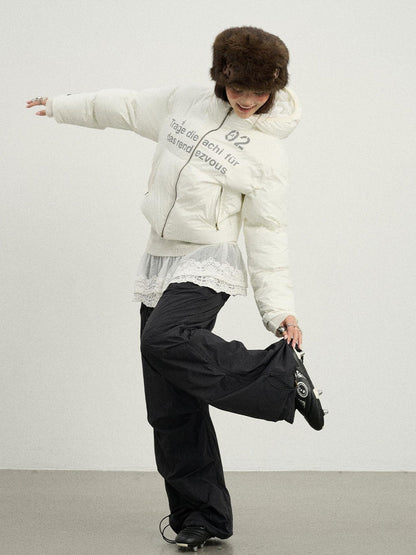 Achihara Puffy Quilted Winter Coat With German Print