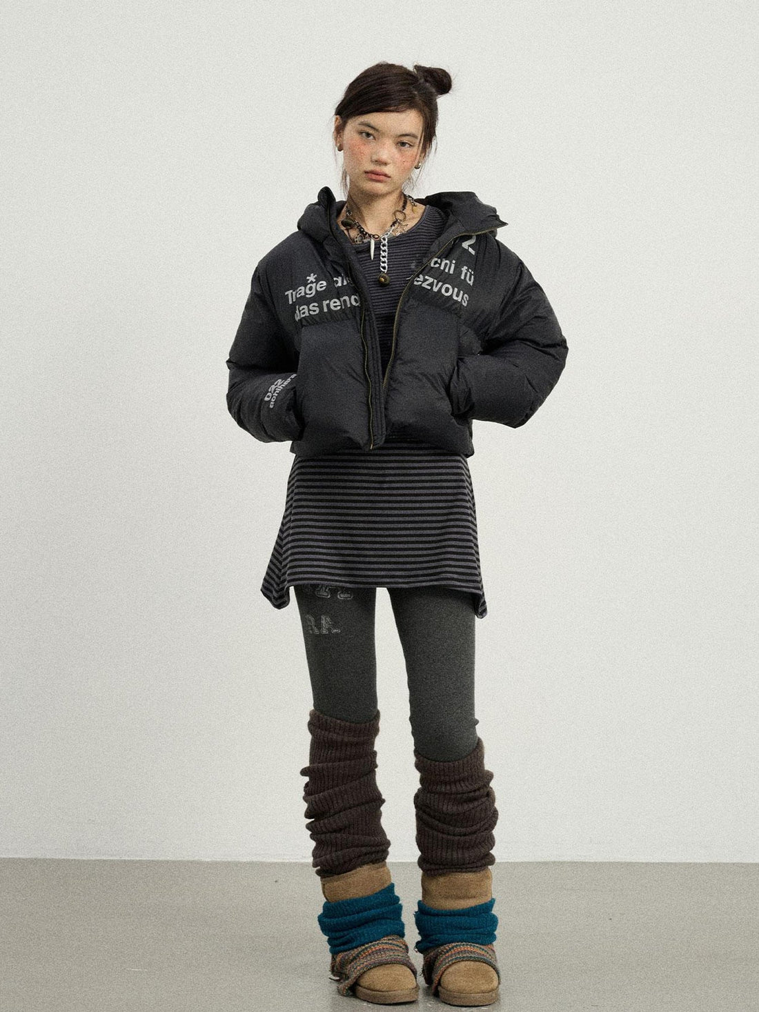 Achihara Puffy Quilted Winter Coat With German Print