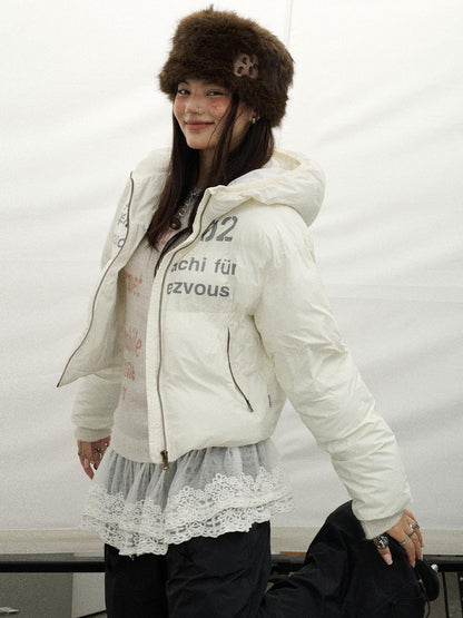 Achihara Puffy Quilted Winter Coat With German Print