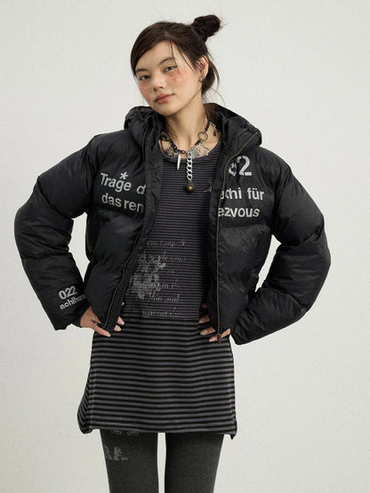 Puffy Quilted Winter Coat With German Print