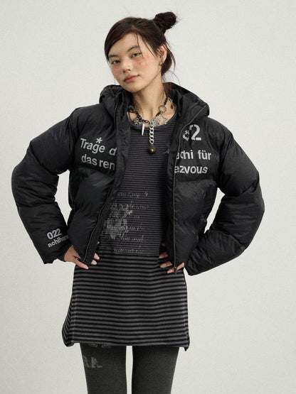 Achihara Puffy Quilted Winter Coat With German Print