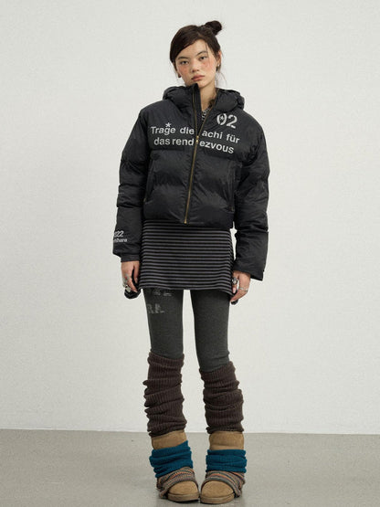 Achihara Puffy Quilted Winter Coat With German Print