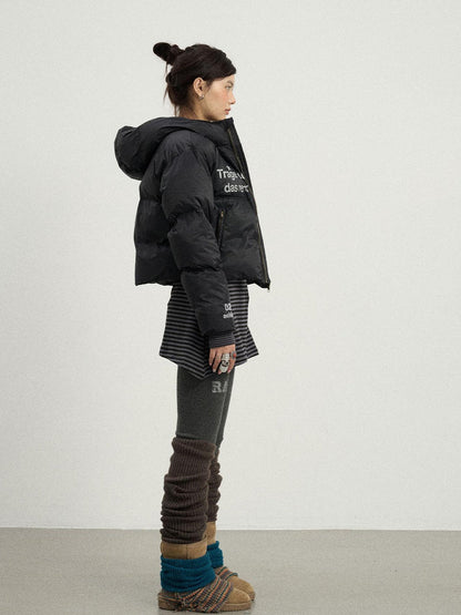 Achihara Puffy Quilted Winter Coat With German Print