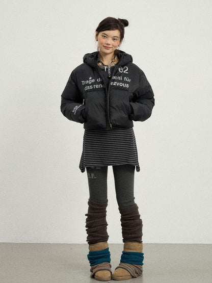 Achihara Puffy Quilted Winter Coat With German Print