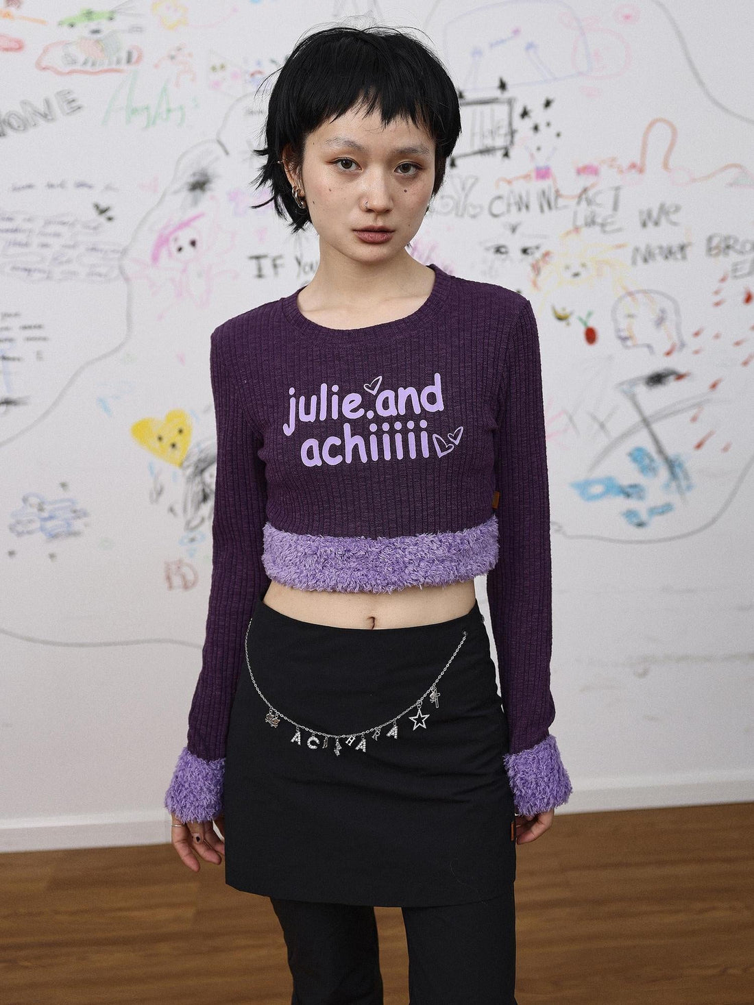 Achihara Purple Fluffy Trim Knit Sweater Retro Party Top