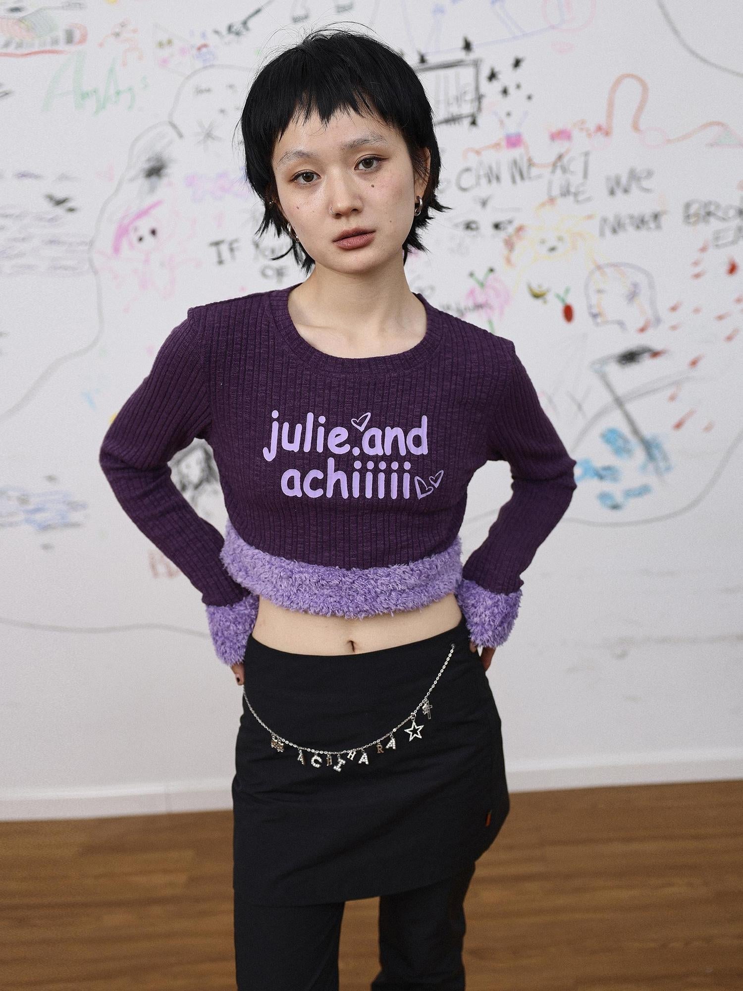 Achihara Purple Fluffy Trim Knit Sweater Retro Party Top
