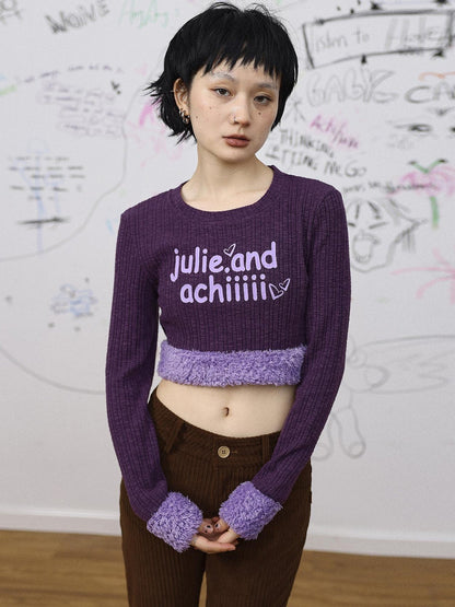 Achihara Purple Fluffy Trim Knit Sweater Retro Party Top