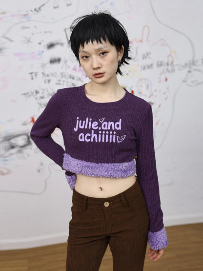 Purple Fluffy Trim Knit Sweater Retro Party Top