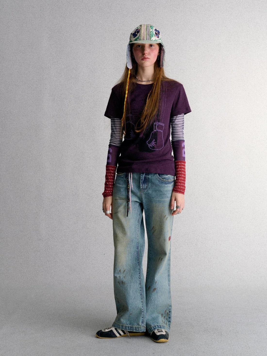 Achihara Purple Mesh Layered Print Color Block Women&