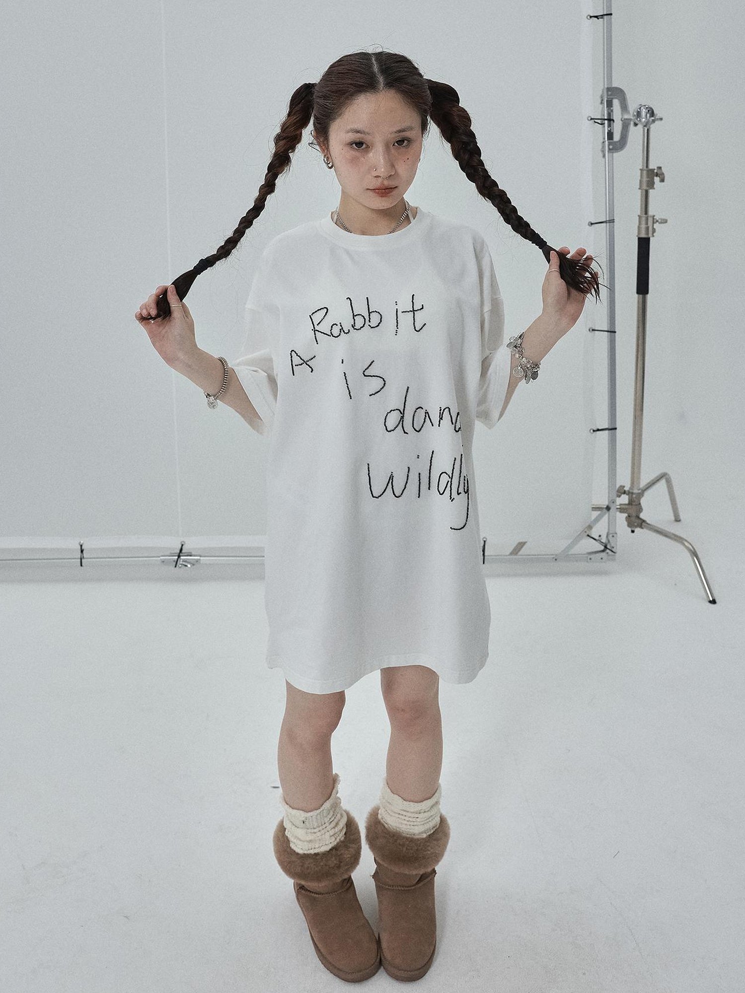 Achihara Rabbit Embroidered Cotton Tee with Bead Detail