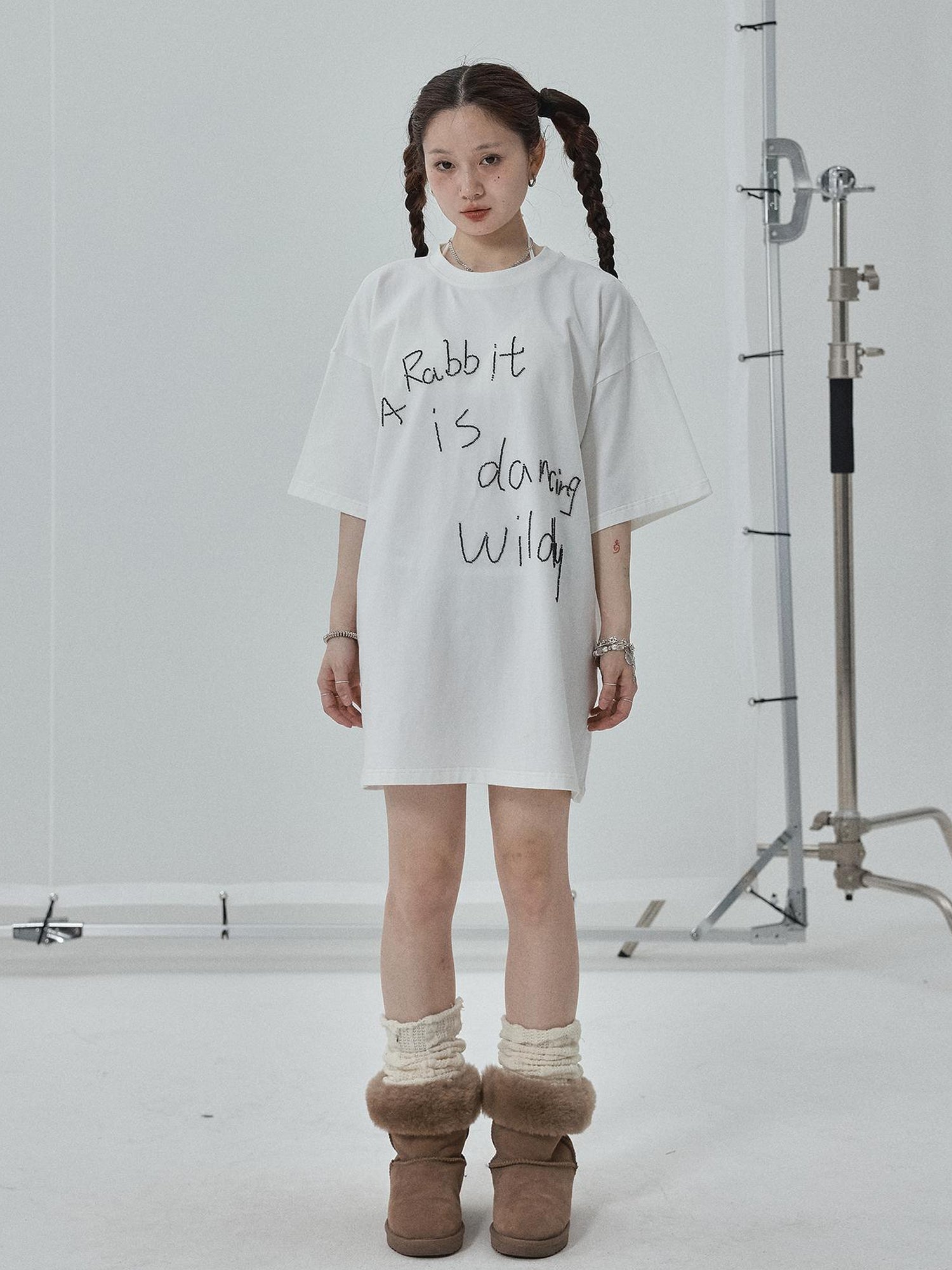 Achihara Rabbit Embroidered Cotton Tee with Bead Detail