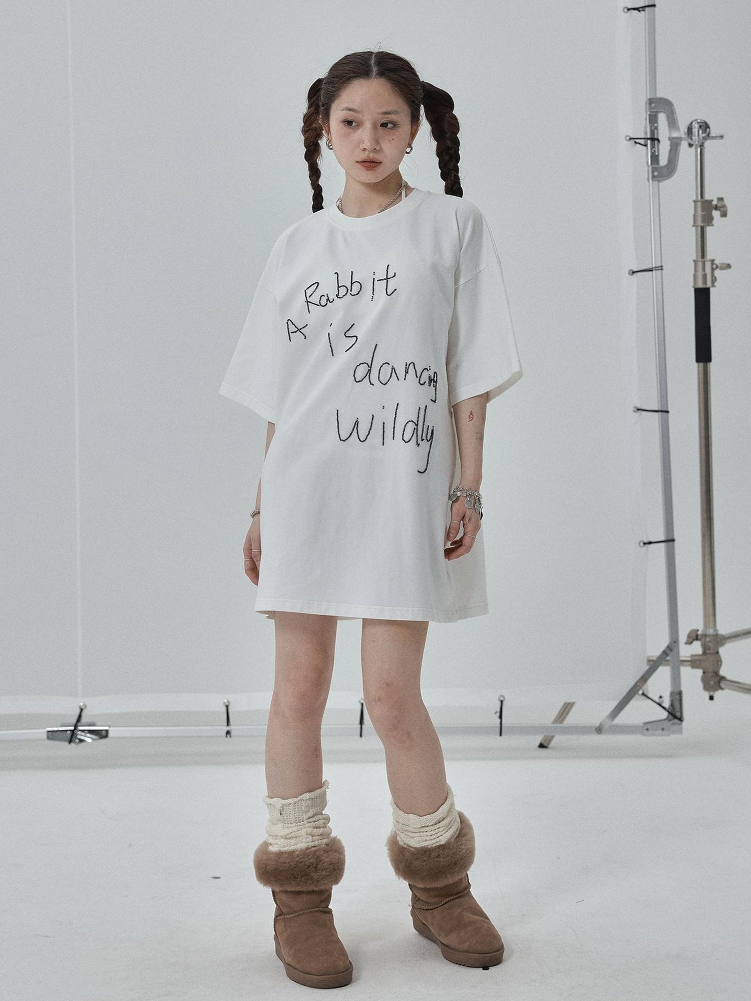 Achihara Rabbit Embroidered Cotton Tee with Bead Detail