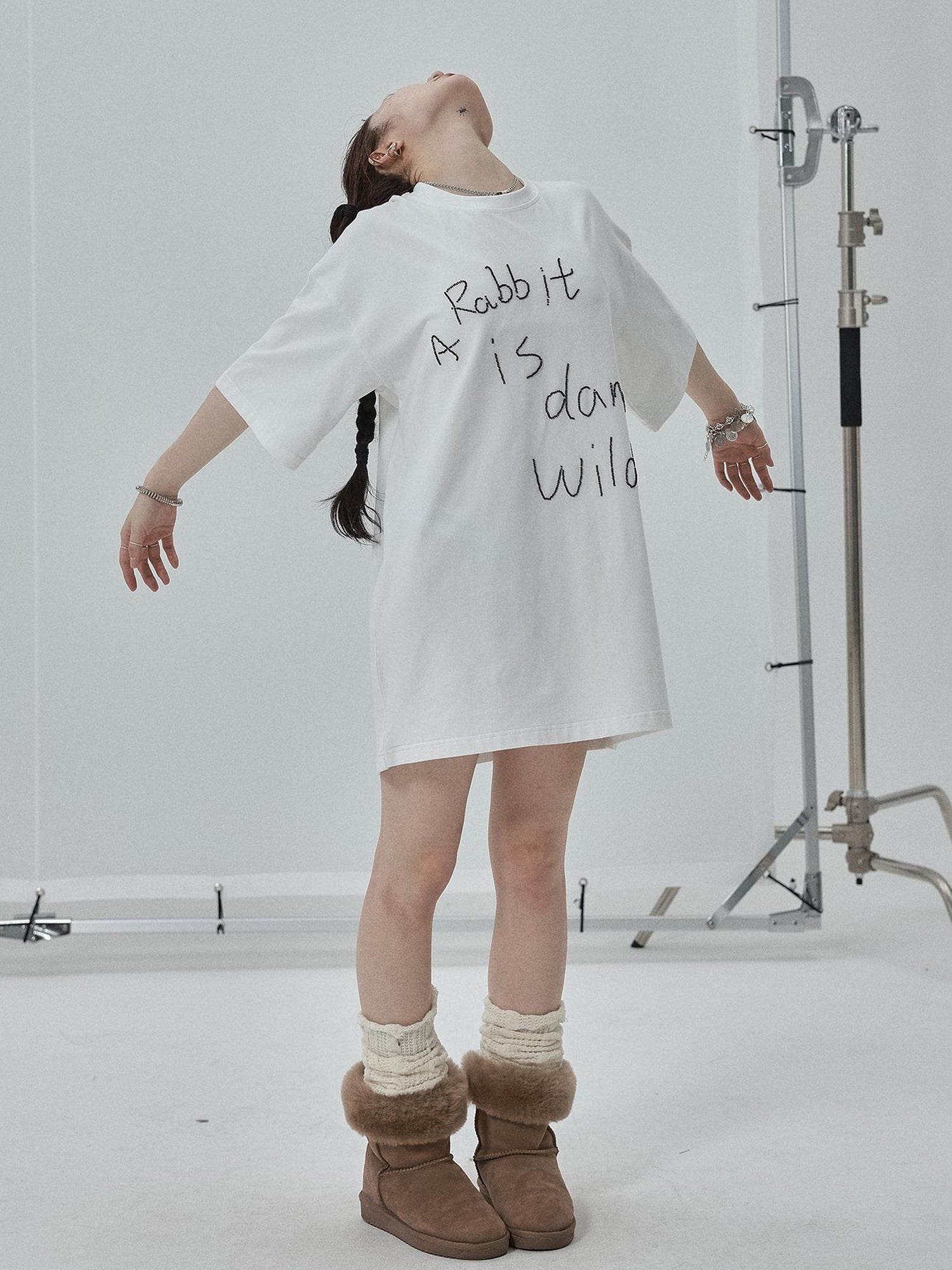 Achihara Rabbit Embroidered Cotton Tee with Bead Detail