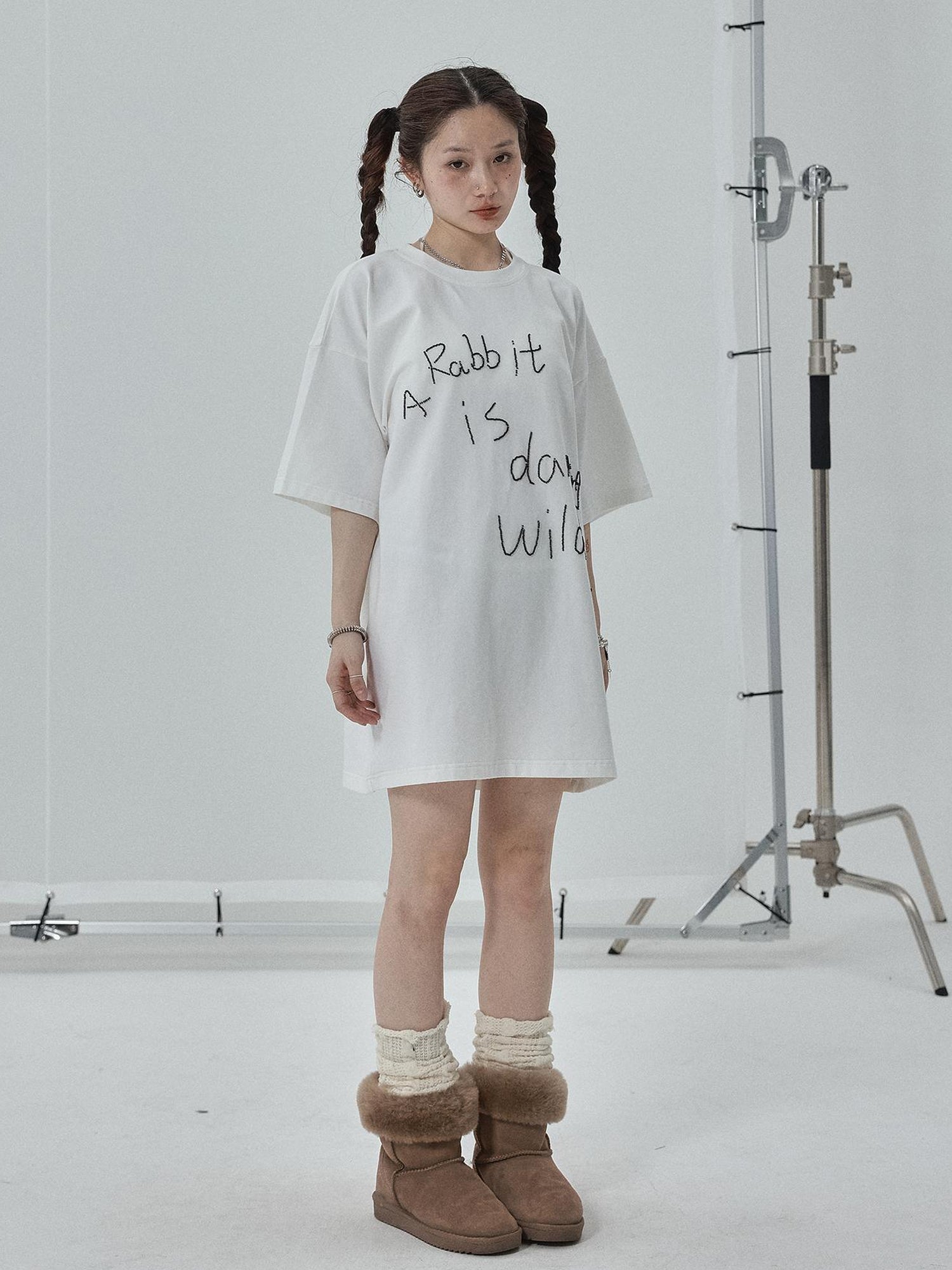 Achihara Rabbit Embroidered Cotton Tee with Bead Detail