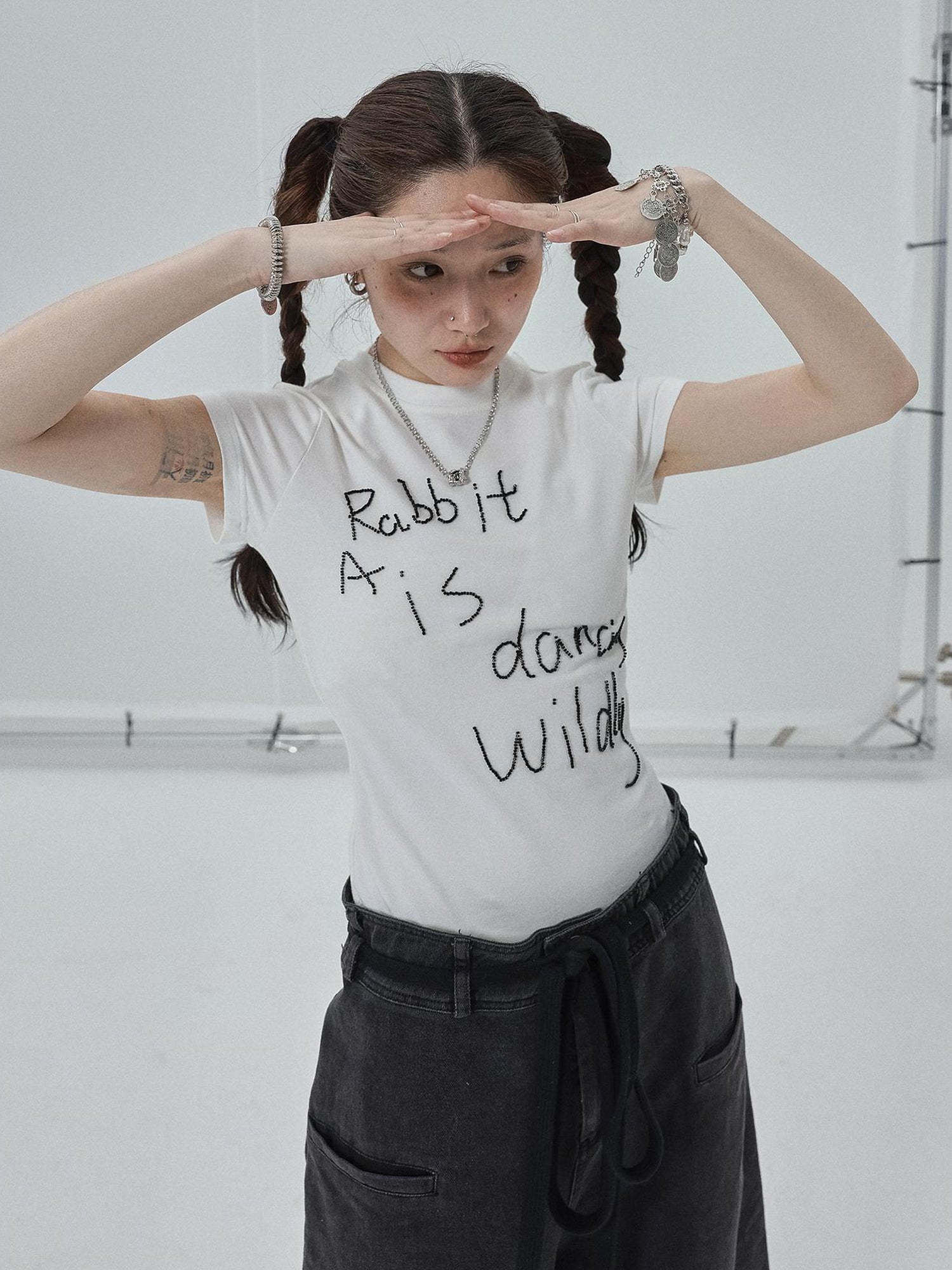 Achihara Rabbit Embroidered Cotton Tee with Bead Detail