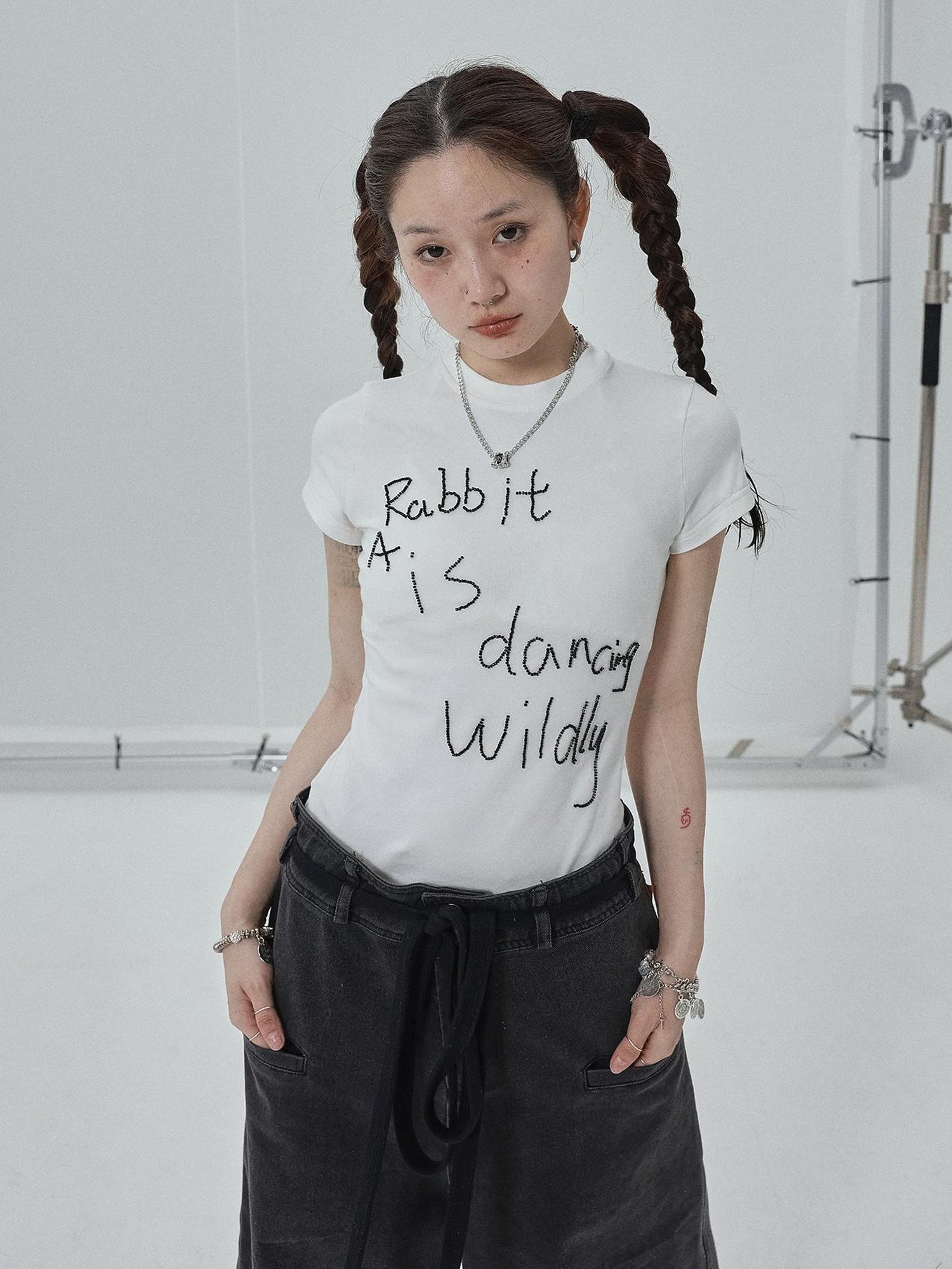 Achihara Rabbit Embroidered Cotton Tee with Bead Detail