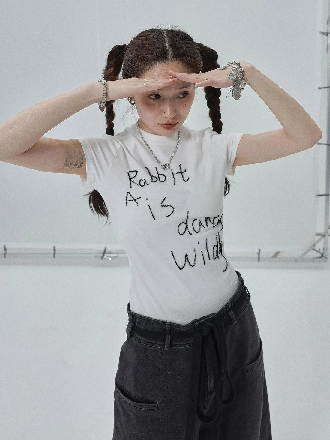 Rabbit Embroidered Cotton Tee with Bead Detail