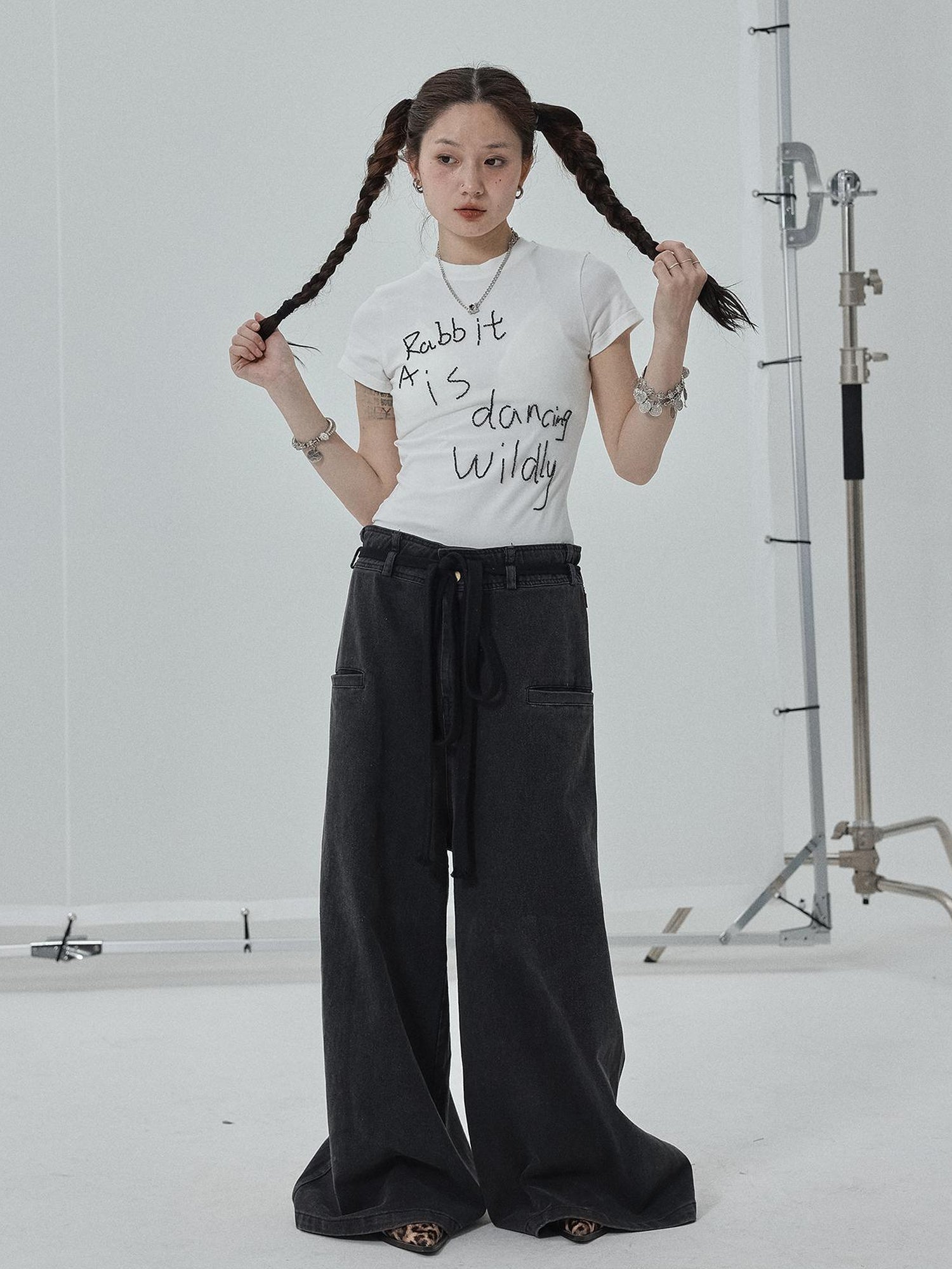 Achihara Rabbit Embroidered Cotton Tee with Bead Detail
