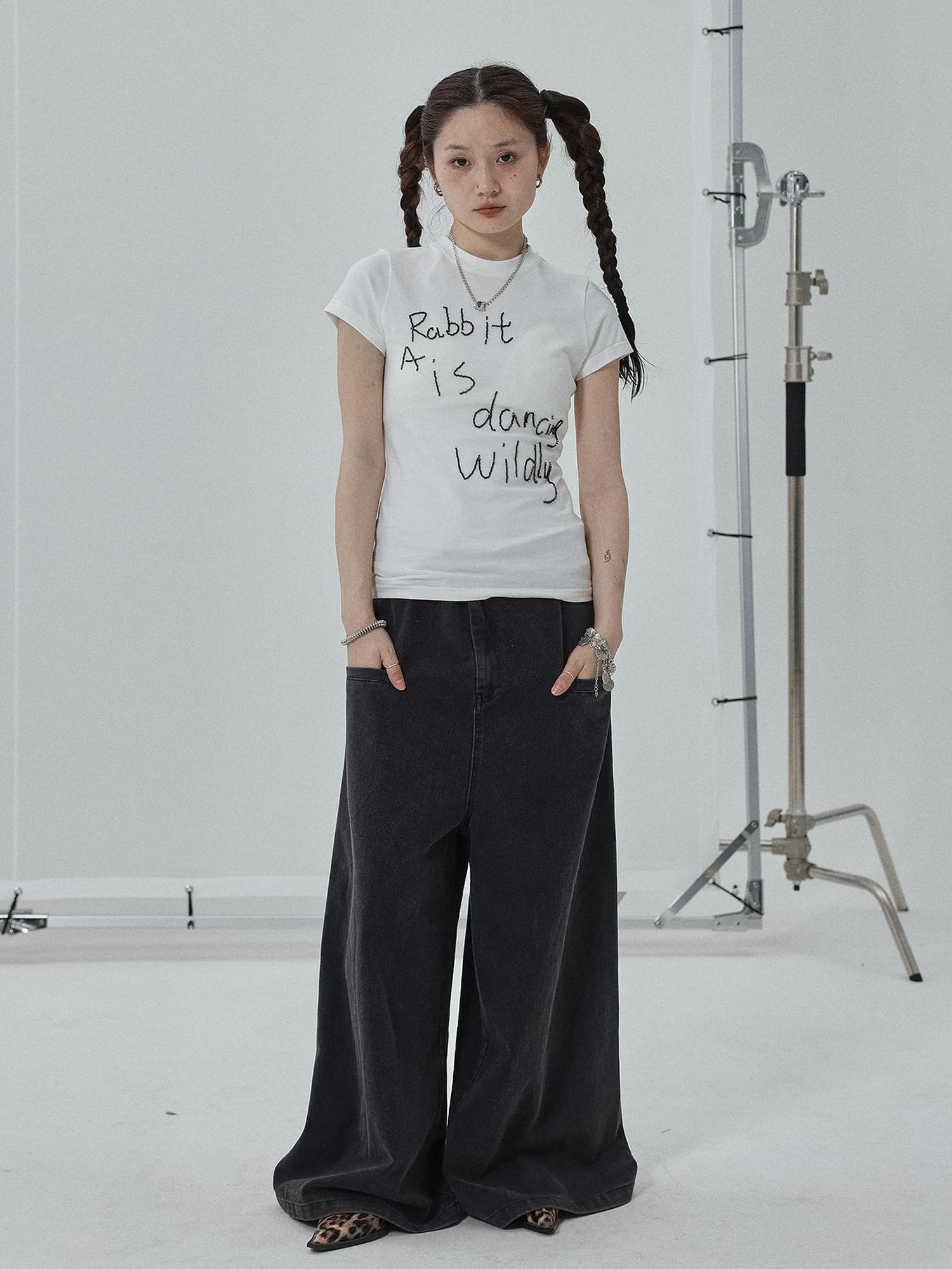 Achihara Rabbit Embroidered Cotton Tee with Bead Detail