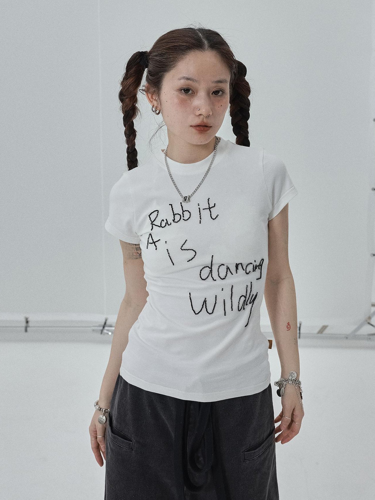 Achihara Rabbit Embroidered Cotton Tee with Bead Detail