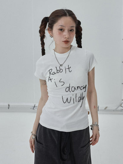 Achihara Rabbit Embroidered Cotton Tee with Bead Detail