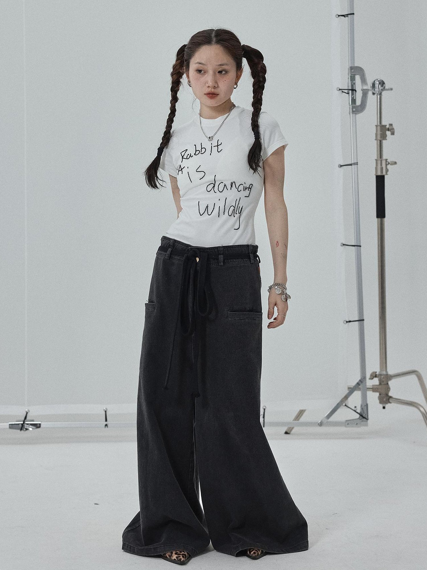 Achihara Rabbit Embroidered Cotton Tee with Bead Detail