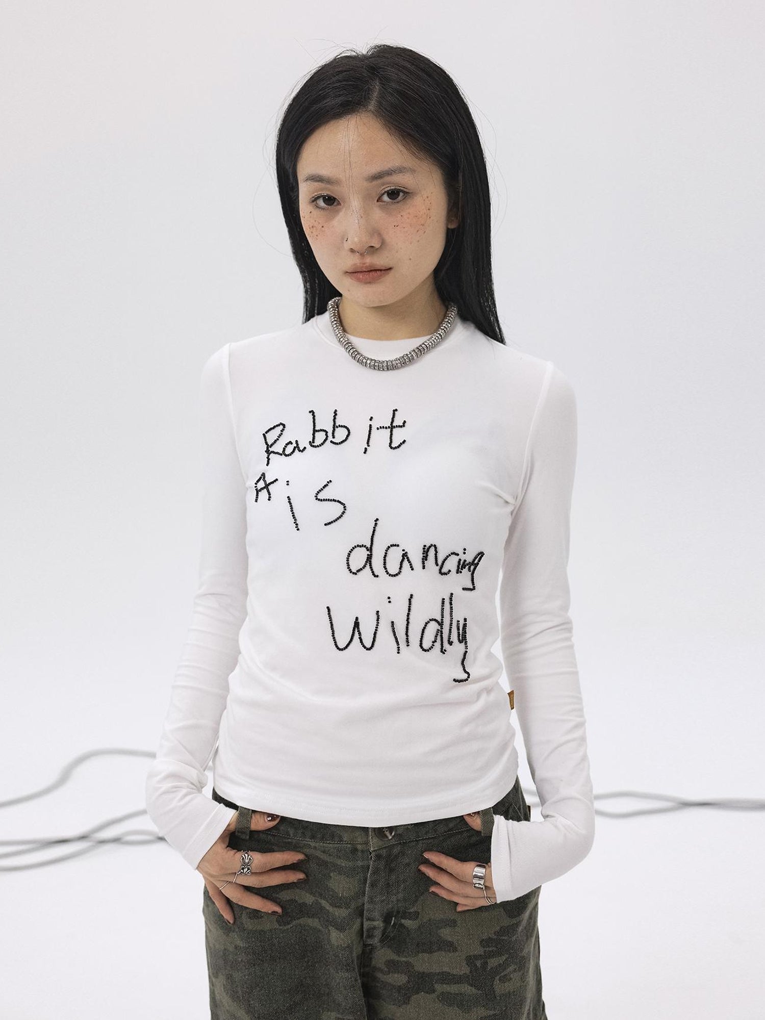 Achihara Rabbit Embroidered Cotton Tee with Bead Detail