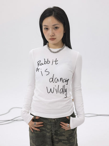 Achihara Rabbit Embroidered Cotton Tee with Bead Detail