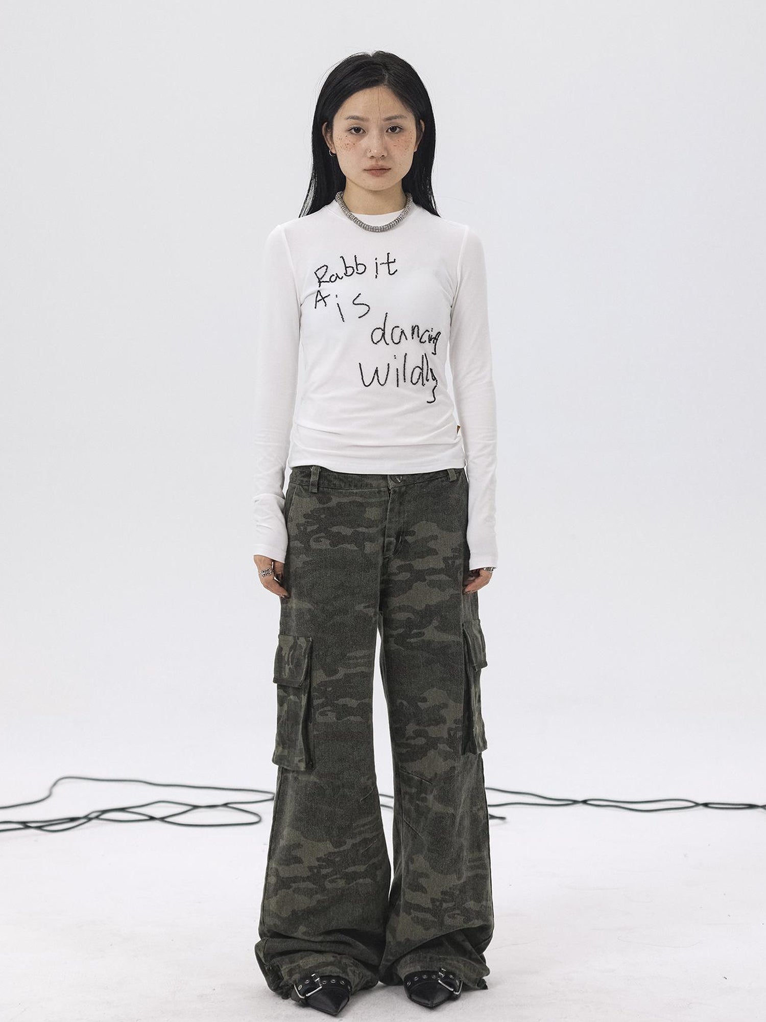 Achihara Rabbit Embroidered Cotton Tee with Bead Detail