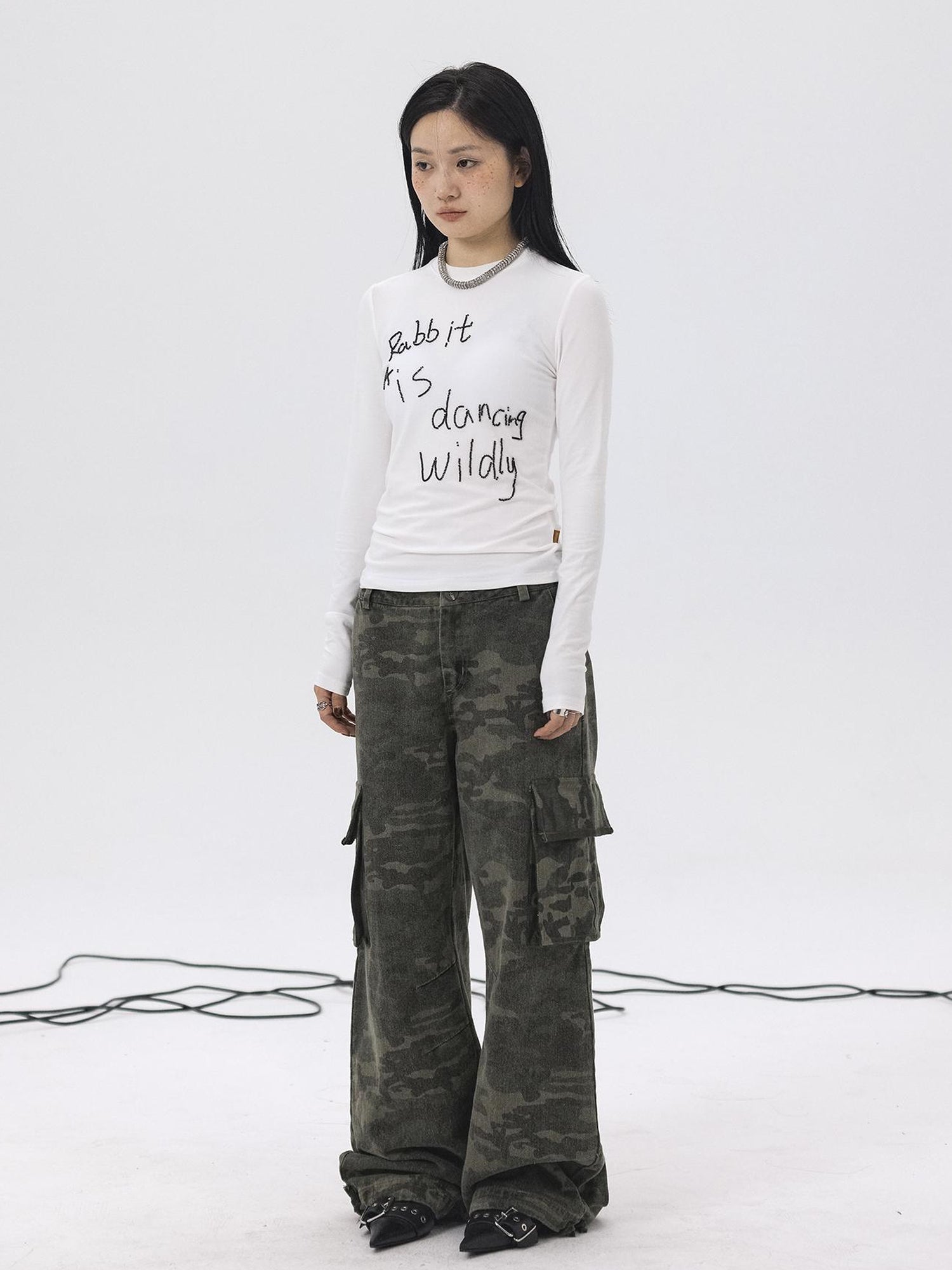 Achihara Rabbit Embroidered Cotton Tee with Bead Detail