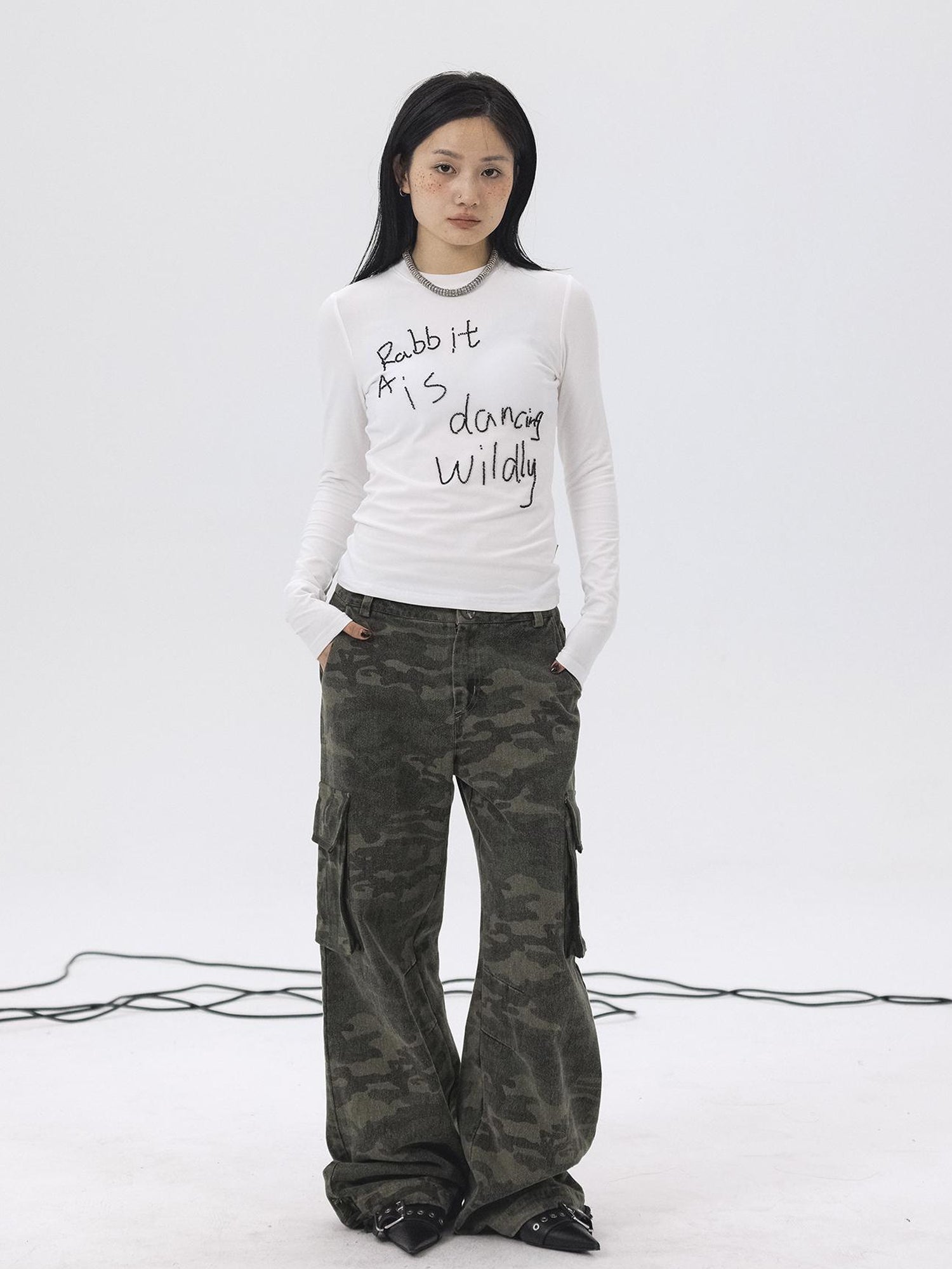 Achihara Rabbit Embroidered Cotton Tee with Bead Detail