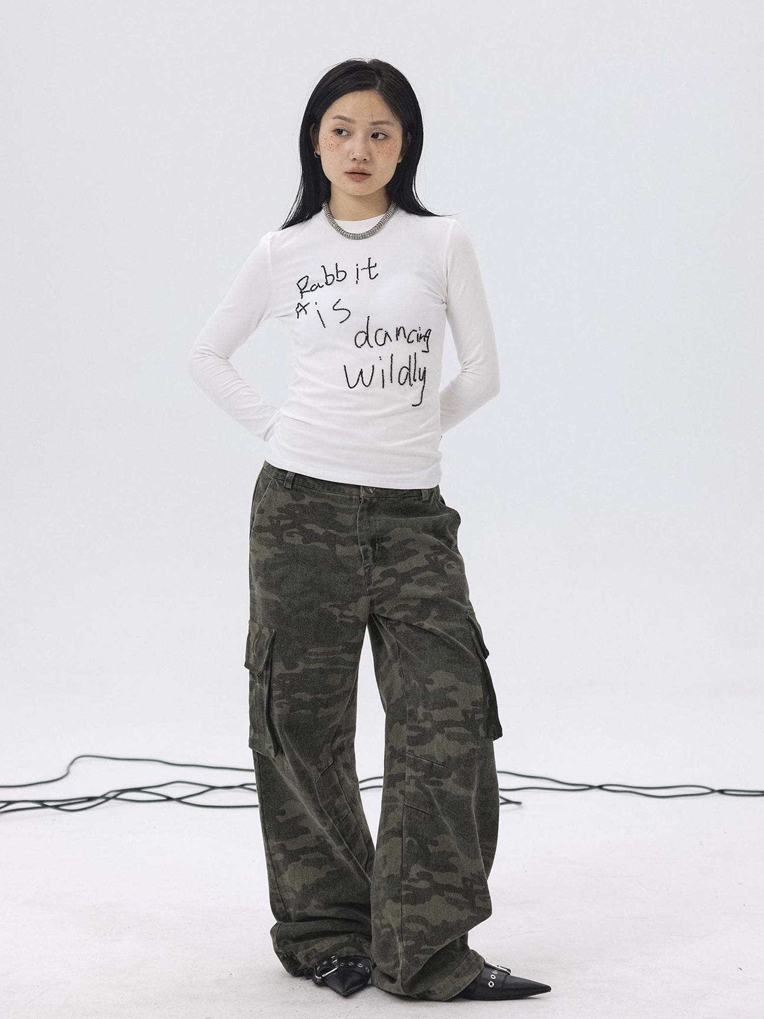 Achihara Rabbit Embroidered Cotton Tee with Bead Detail