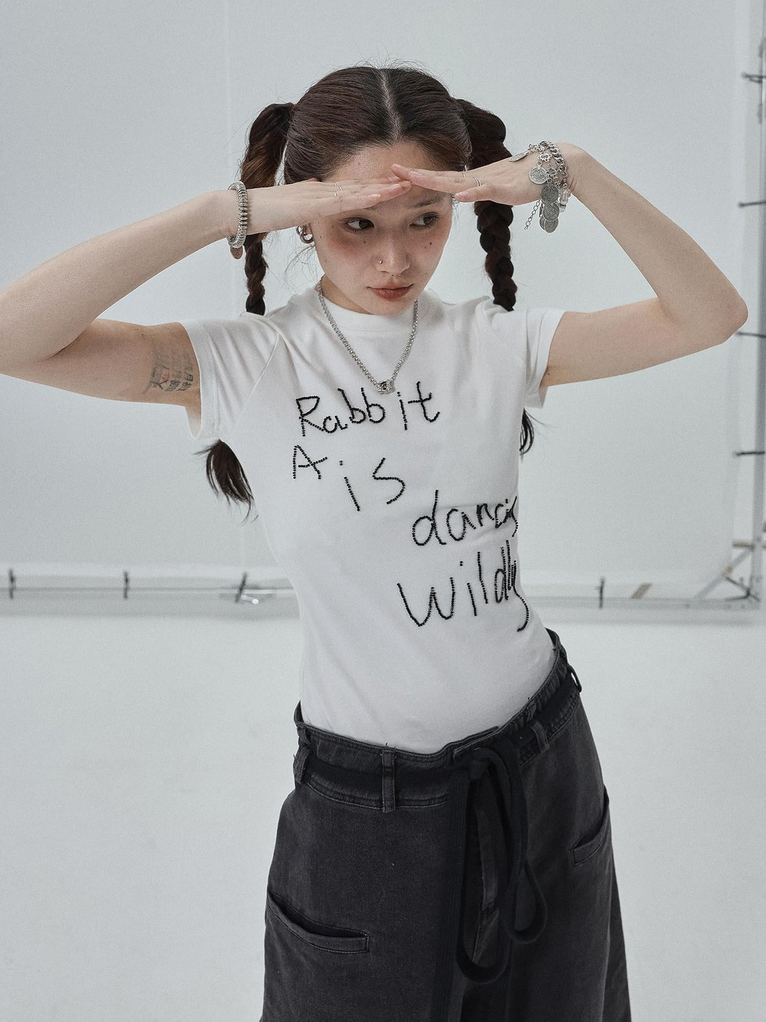 Achihara Rabbit Embroidered Cotton Tee with Bead Detail