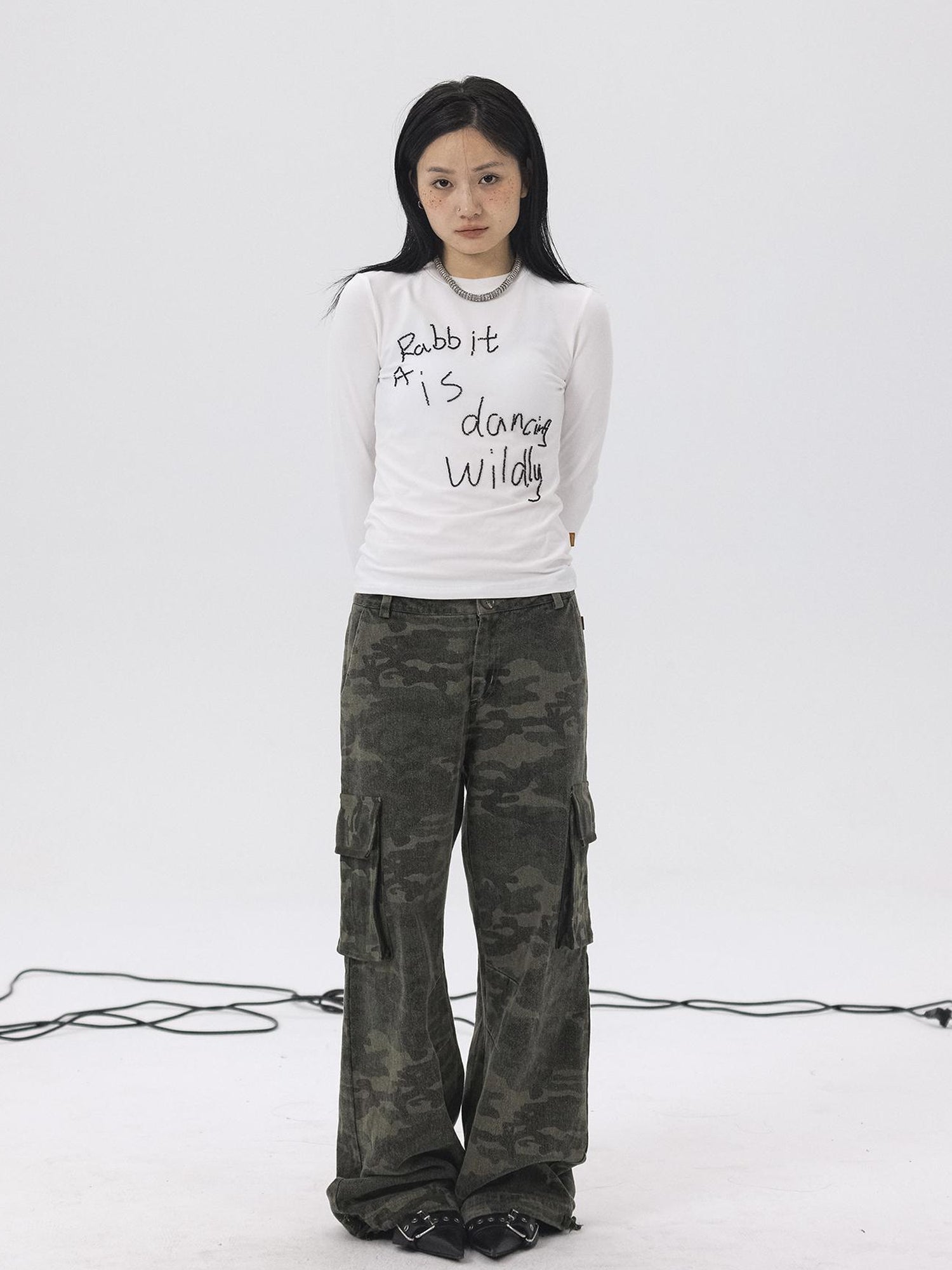 Achihara Rabbit Embroidered Cotton Tee with Bead Detail