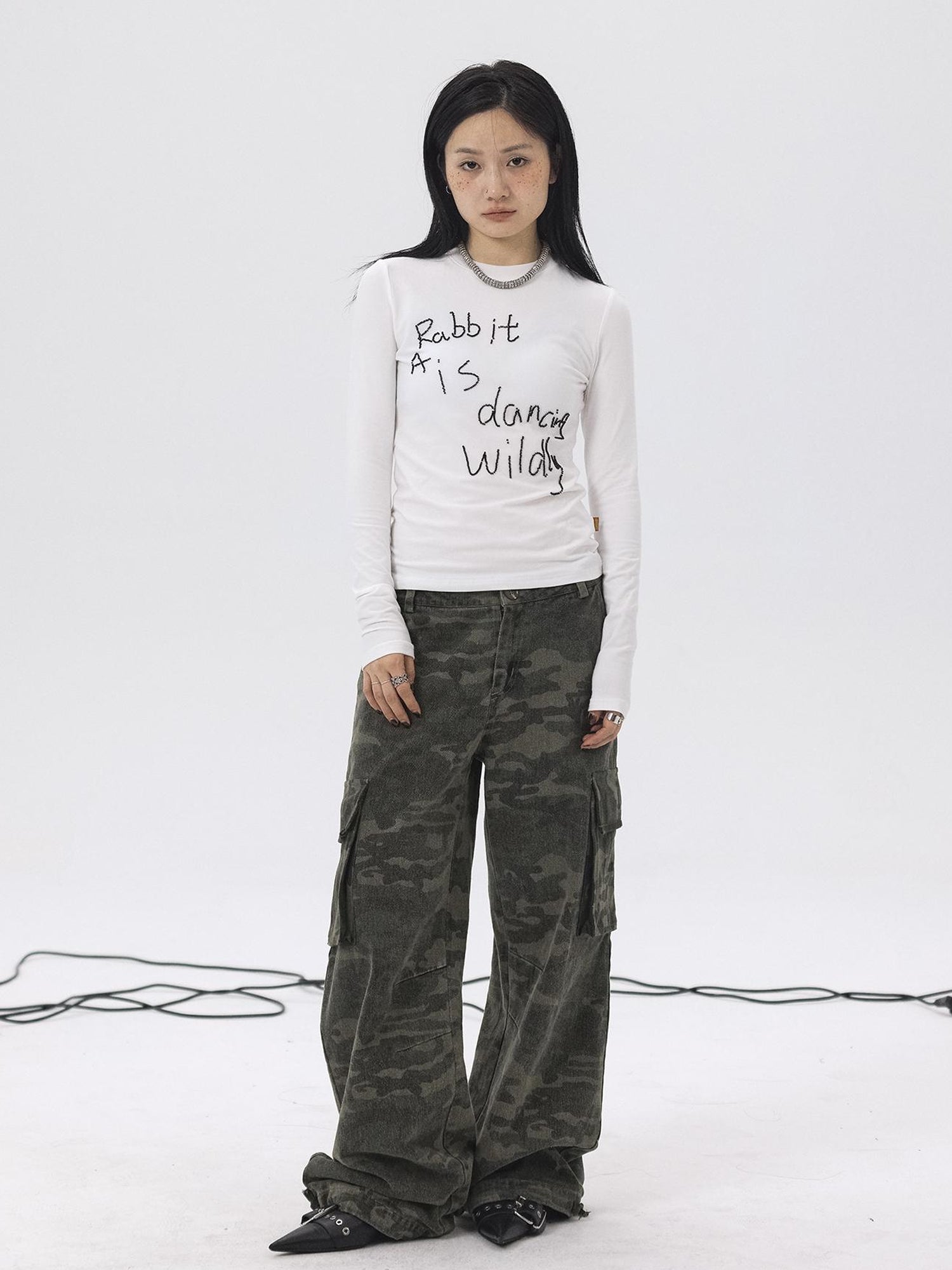 Achihara Rabbit Embroidered Cotton Tee with Bead Detail