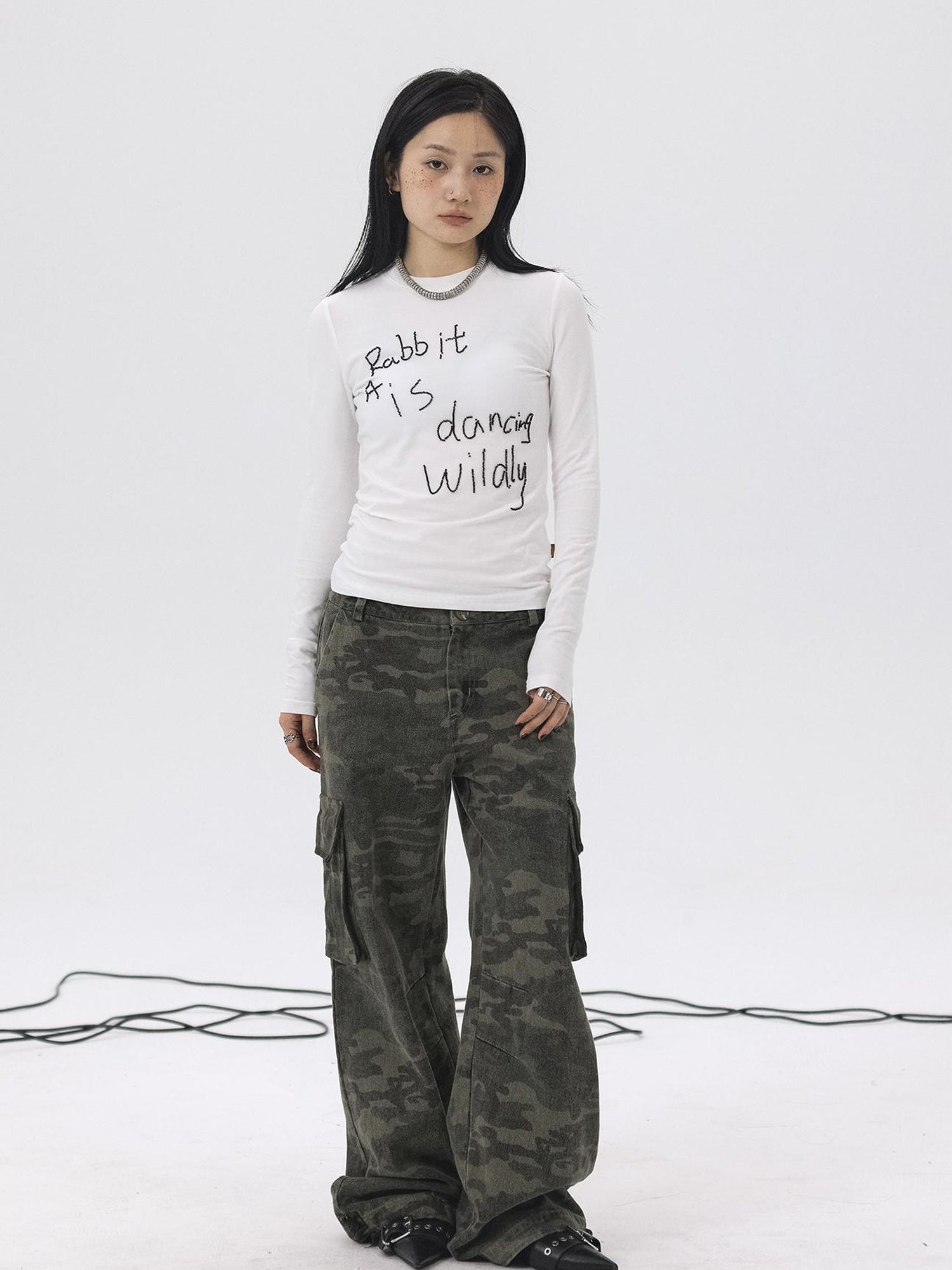 Achihara Rabbit Embroidered Cotton Tee with Bead Detail