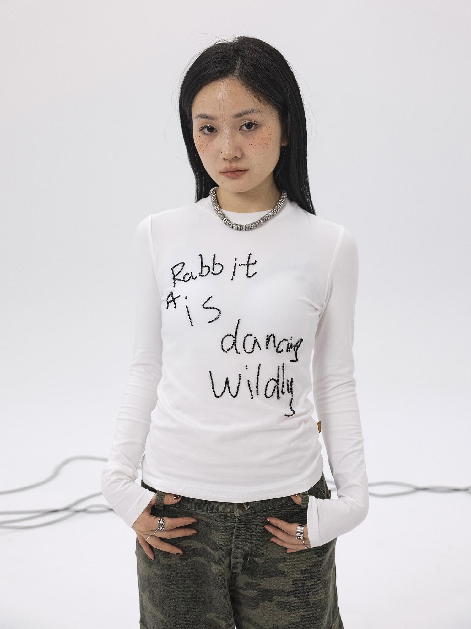 Achihara Rabbit Embroidered Cotton Tee with Bead Detail