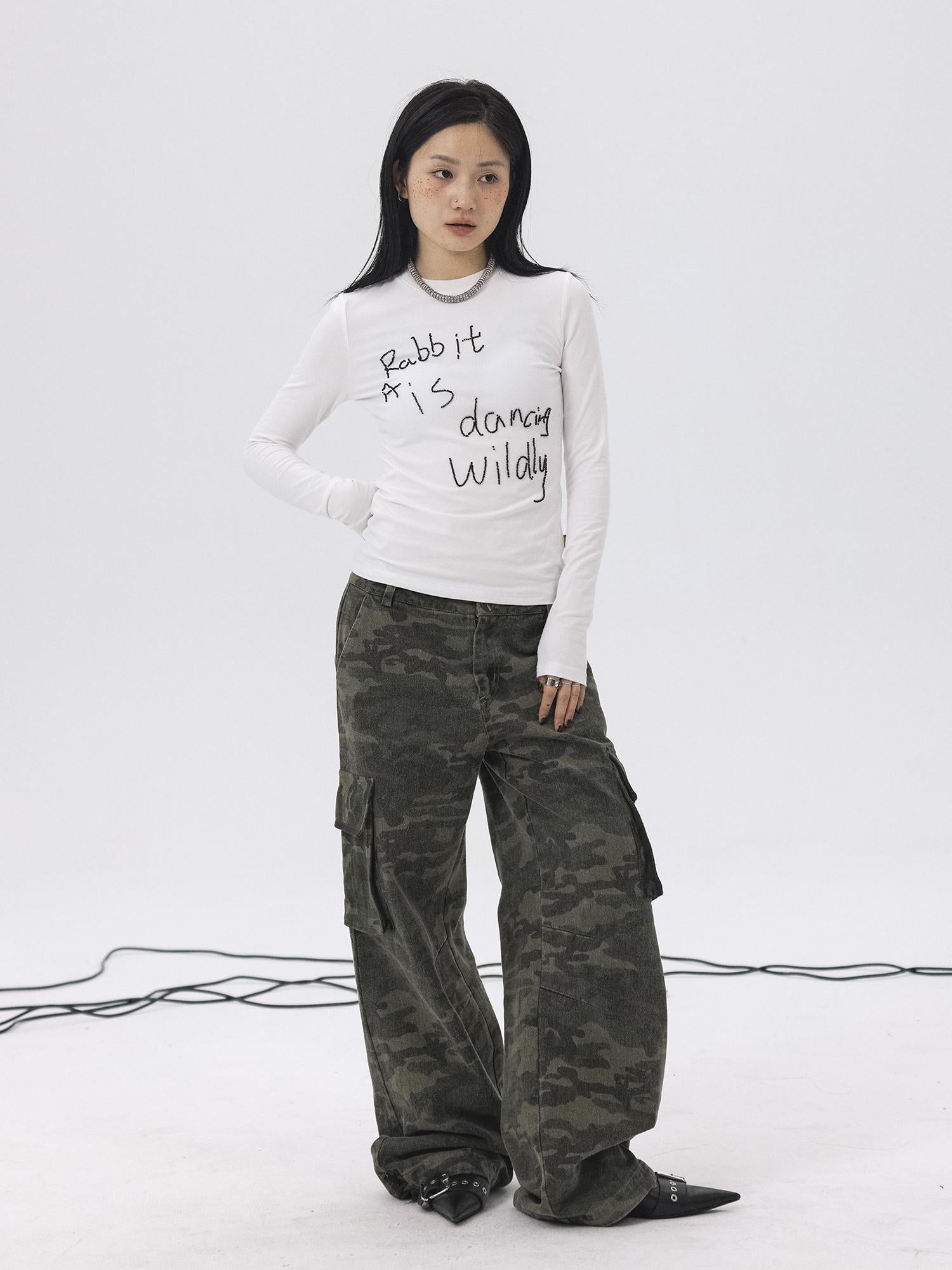 Achihara Rabbit Embroidered Cotton Tee with Bead Detail