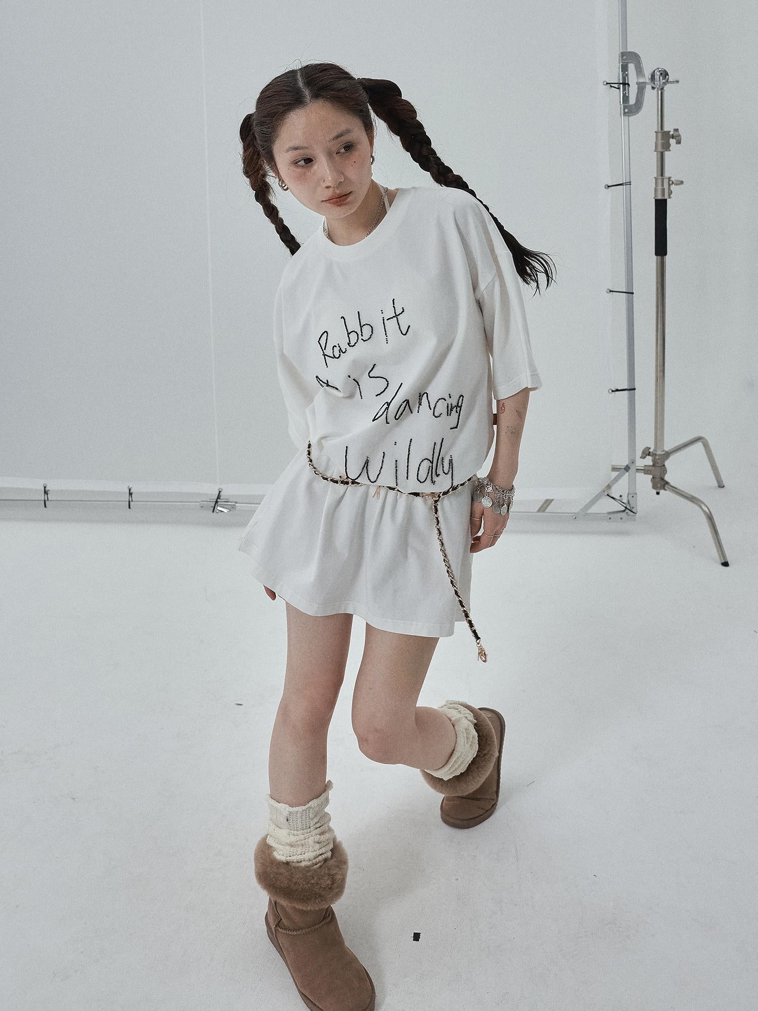 Achihara Rabbit Embroidered Cotton Tee with Bead Detail
