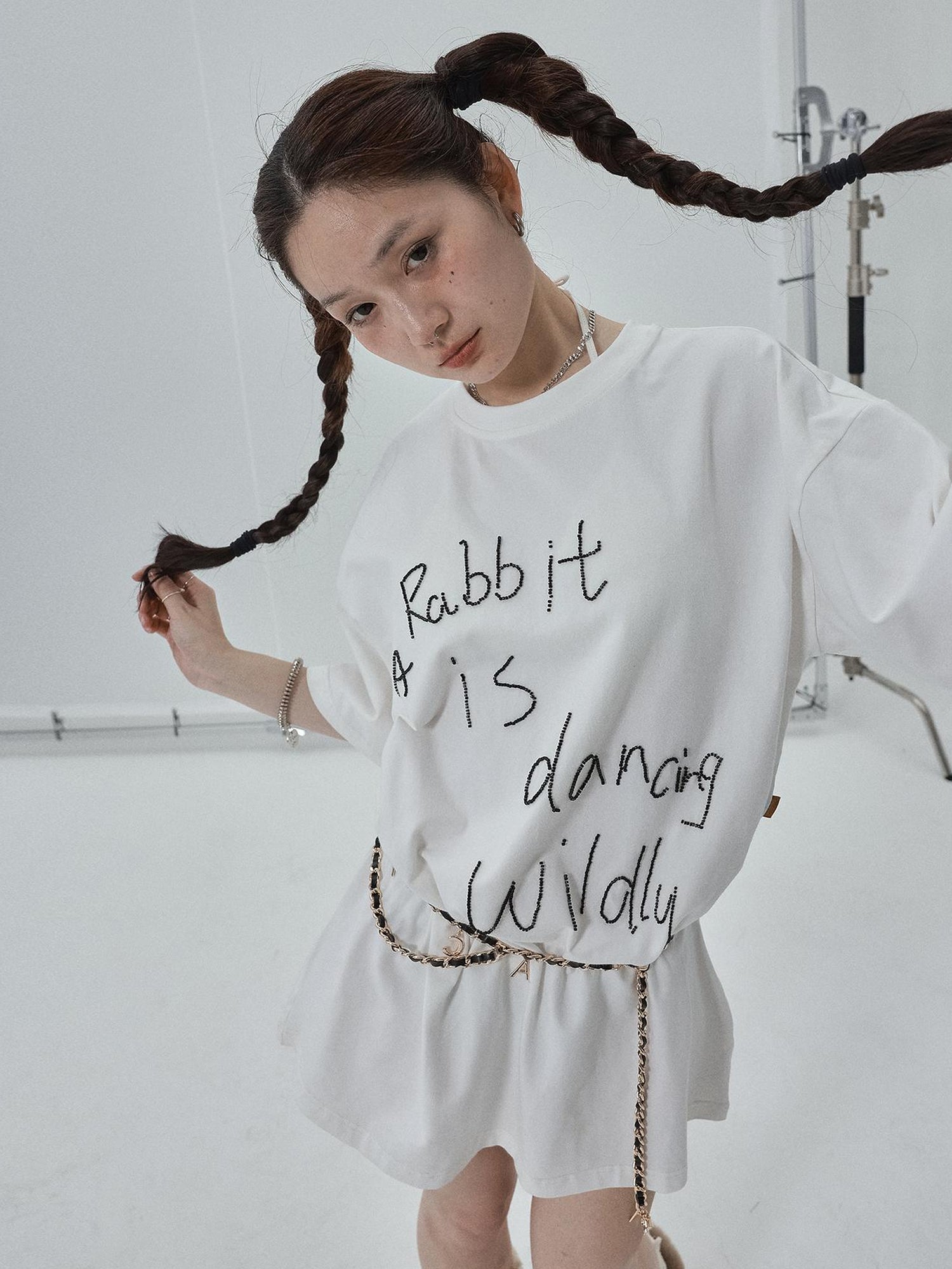 Achihara Rabbit Embroidered Cotton Tee with Bead Detail