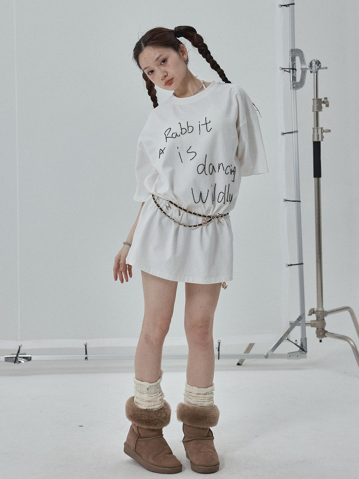 Achihara Rabbit Embroidered Cotton Tee with Bead Detail