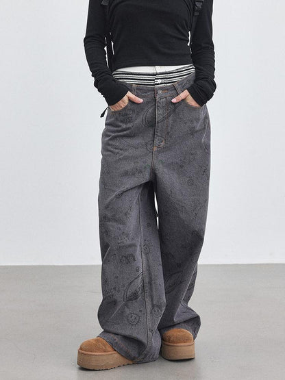 Achihara Relaxed Graffiti Jeans With Vintage Wash