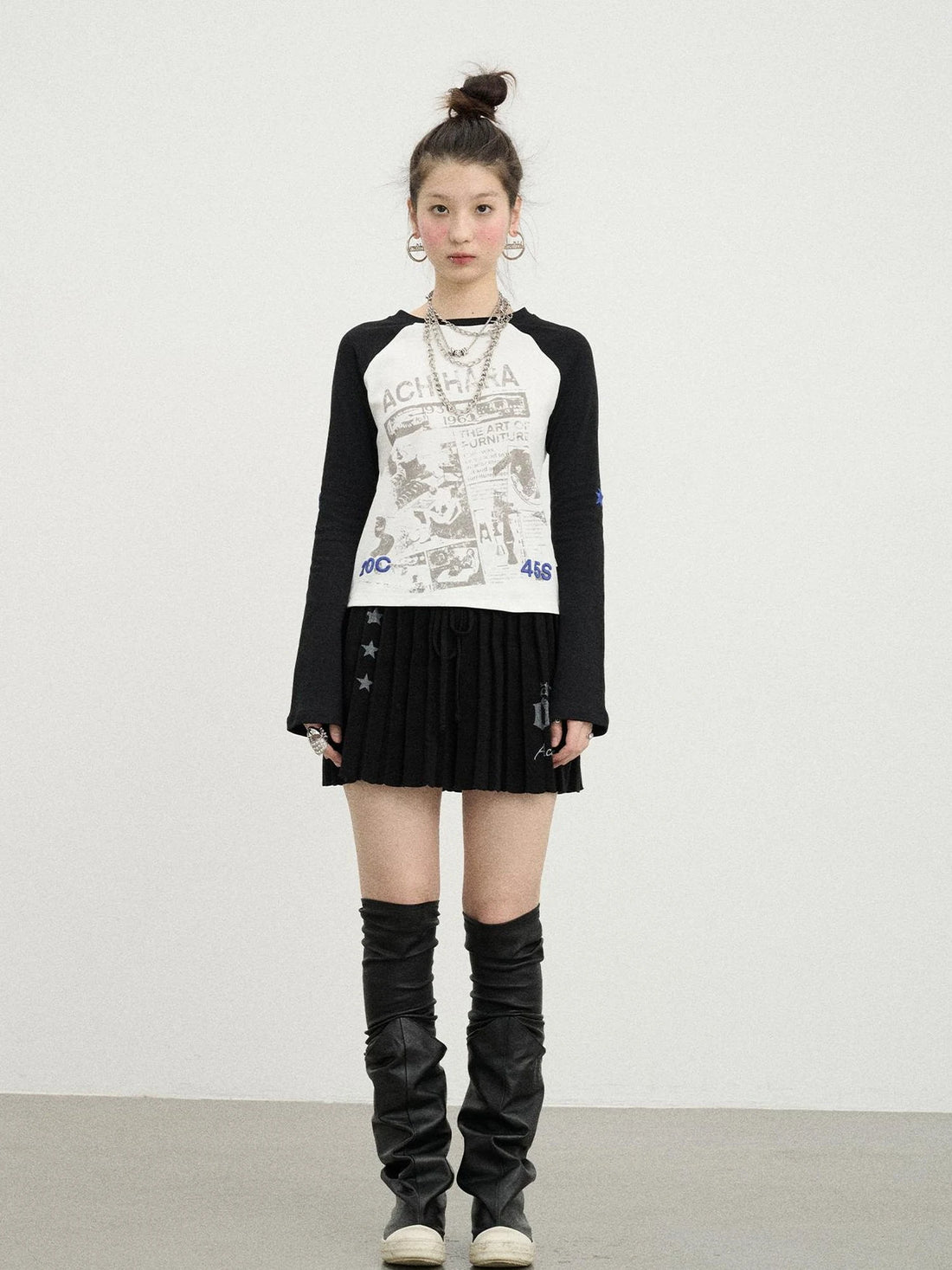 Retro Contrast Knit Tee V-Neck T-Shirt Long-Sleeve